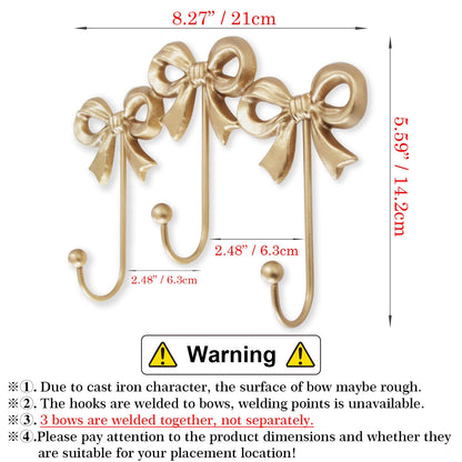 Small Bow Wall Hook,Gold Wall Mounted Functional Hooks,Antique Gold Cast Iron Hook for Coats,Bags, Bath Towels,Room Decorations,Girls Room,Bathroom,Office(Three-Bows Hooks:8.27x5.59 inches)