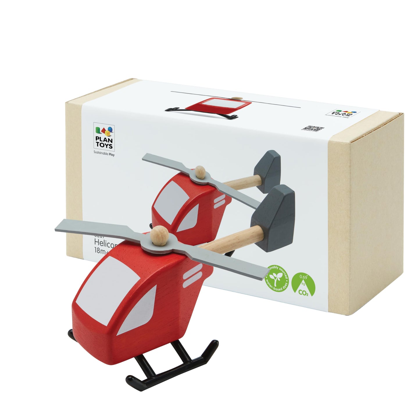 PlanToys® Wooden Helicopter Toy | Montessori Imaginative Play, Cause and Effect and Fine Motor Skill Development Activity | Eco Friendly Toy for Indoor and Outdoor Play