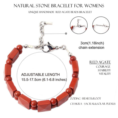 COLORFEY Red Bracelets for Women Men Real Red Agate Beads Protection Crystal Bracelets Flated Square Stone Bracelet for Women, Handmade Natural Crystals Durable Wire Bracelet for Stress Relief