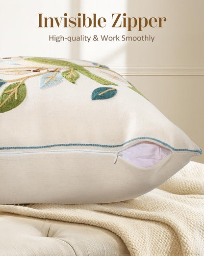 Kokaaee Embroidered Throw Pillow Cover 18x18 Inch - Spring Boho Decorative Pillow Covers with Zipper for Couch Sofa Bedroom Living Room Cushion Pillowcase, Birds Leaves