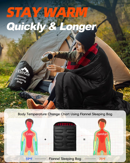 MEREZA Flannel Double Sleeping Bag for Adults Cold Weather, XL Queen Size Sleeping Bag for All Season 2 Person Big and Tall Sleeping Bags for Camping 0 Degree with Pillow