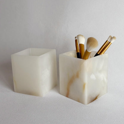 StonePlus Natural Marble Stone Square Storage Container Empty Vessel Holder Cup for Candle/Pens/Sundries items (White Onyx)