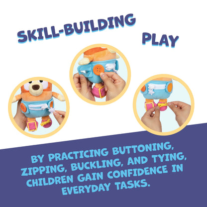 Dress & Play Baby Bingo Bluey Plush, Button, Zip, Buckle and Tie, Learn to Dress Dolls for Toddlers Ages 3+, Fine Motor Skills Baby Zipper Toy