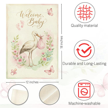 Welcome Home Baby Girl Garden Flag Pink Flroal Its A Girl Announcement Yard Decor Sign Small Double Sided Burlap Gender Reveal Newborn Baby Shower Garden Flag for Outside Yard 12 x 18 Inch