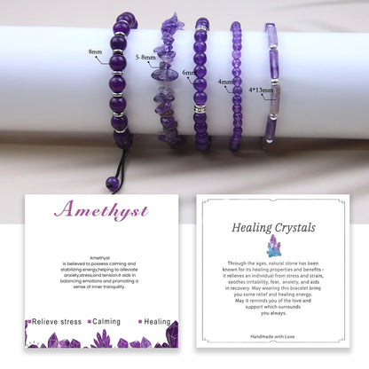 OXUNGALIZ 5Pcs Amethyst Bracelet for Women, Handmade Adjustable Purple Bracelet Amethyst Beads Beaded Bracelet Set Jewelry Gifts for Women