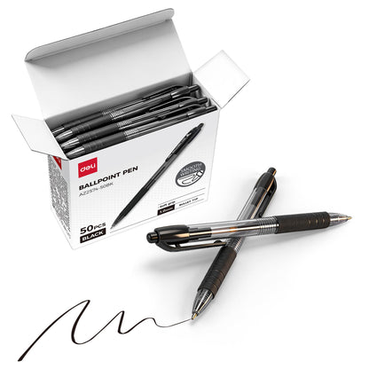 deli Pens Bulk,50 Pack Ballpoint Pens Black Ink 1.0MM Medium Point, Smooth Writing Retractable Pen with Soft Grip, No Bleed,Fast Dry,for Office School Home Use