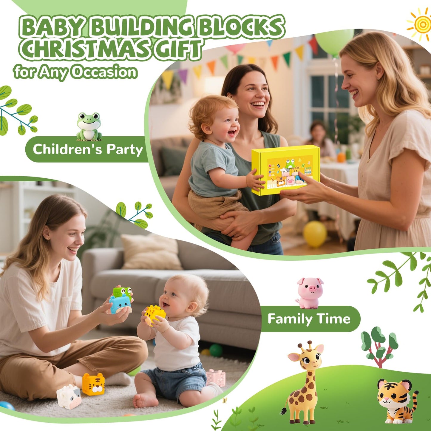 BOBOBELL Animal Soft Baby Blocks,Silicone Squeeze Building Blocks Stacking Toys for 6+ Months Babies,Early Learning Touch Education Toys with Numbers Animals Fruits Texture Baby Gifts Easter Basket