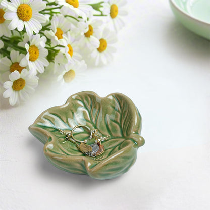 Zaposcca Jewelry Tray, Ceramic Leaves Jewelry Dish, Ring Holder Dish, Small Trinket Tray, Washable Key Bowl(Green)