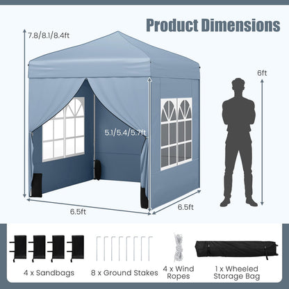 Tangkula 6.5x6.5 FT Pop Up Canopy, UPF50+ Outdoor Canopy Tent with 2 Removable Sidewalls, 2 Zippered Doors, Heavy-Duty Carbon Steel Frame, Wheeled Bag, 4 Sandbags, 8 Stakes, 4 Wind Ropes (Gray)