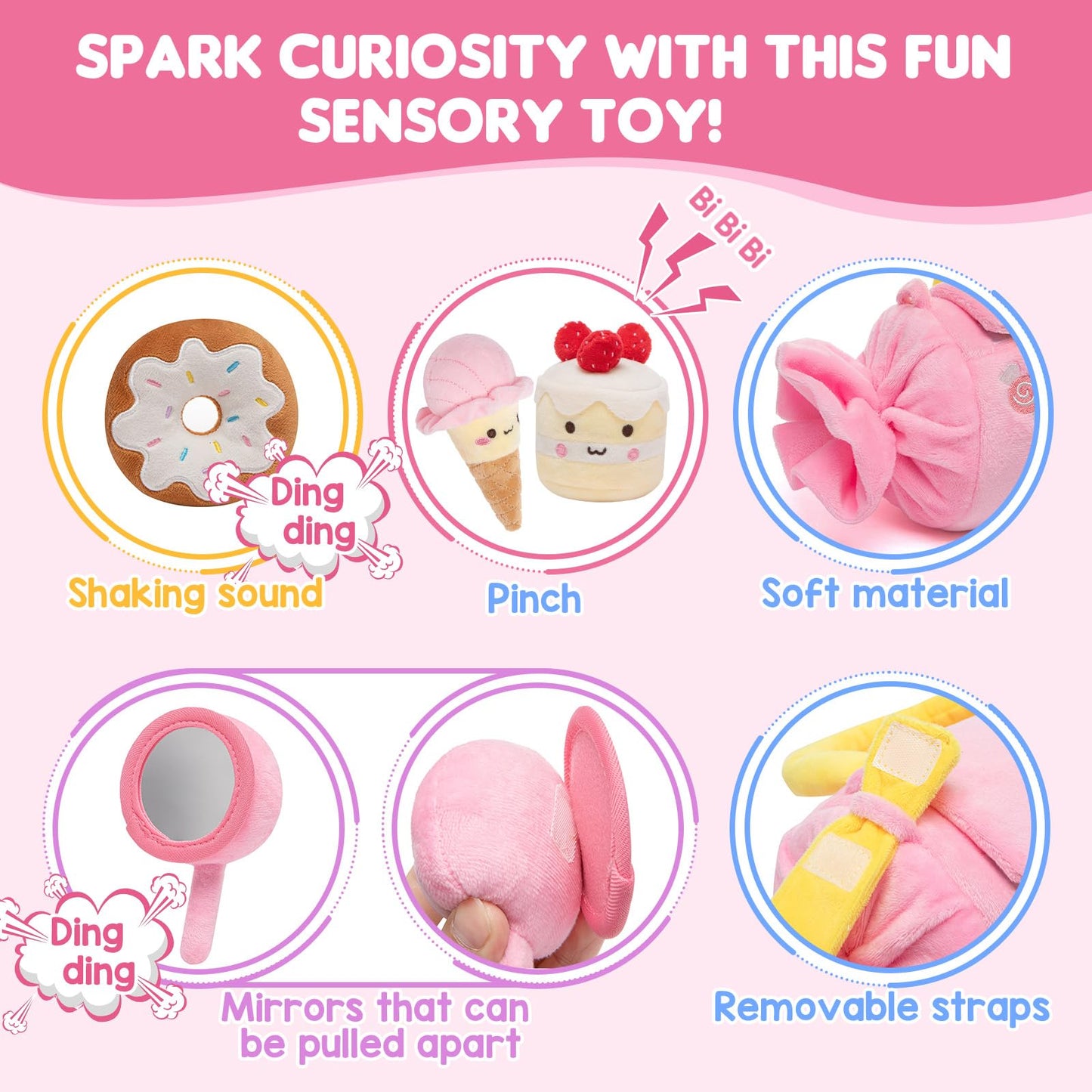 GNAYUIJ Baby Toys 6-12 Months,My First Candy Bag Plush Toy-5 Sensory dessert Soft Toys with Rattle, Crinkle Paper, Squeaker, Mirror,Busy Montessori Soft Toys for Toddlers,1st Birthday for Babies Girls