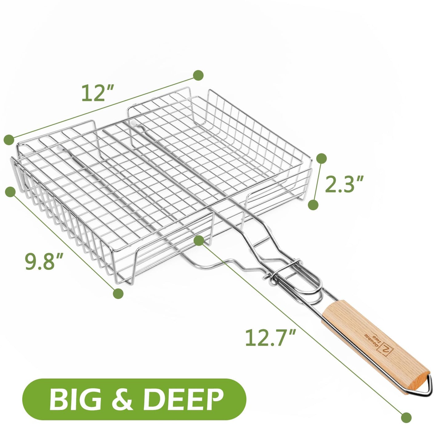 DOUBLE TWO - Stainless Steel Grill Basket, Grilling Baskets for Outdoor Grill, for Meat, Fish, Vegetable, BBQ Accessory, With Height Adjustable Cover & Detachable Handle, Easy to use, 1Pcs