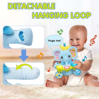 Ryotagift Baby Bilingual Musical Elephant Stuffed Animals Toys,Infant Early Learning Toy with Light-Up Music & Crinkle,Tummy Time Toys for 0 3 6 9 12+ Months for Baby Boy Girl Gift,Blue