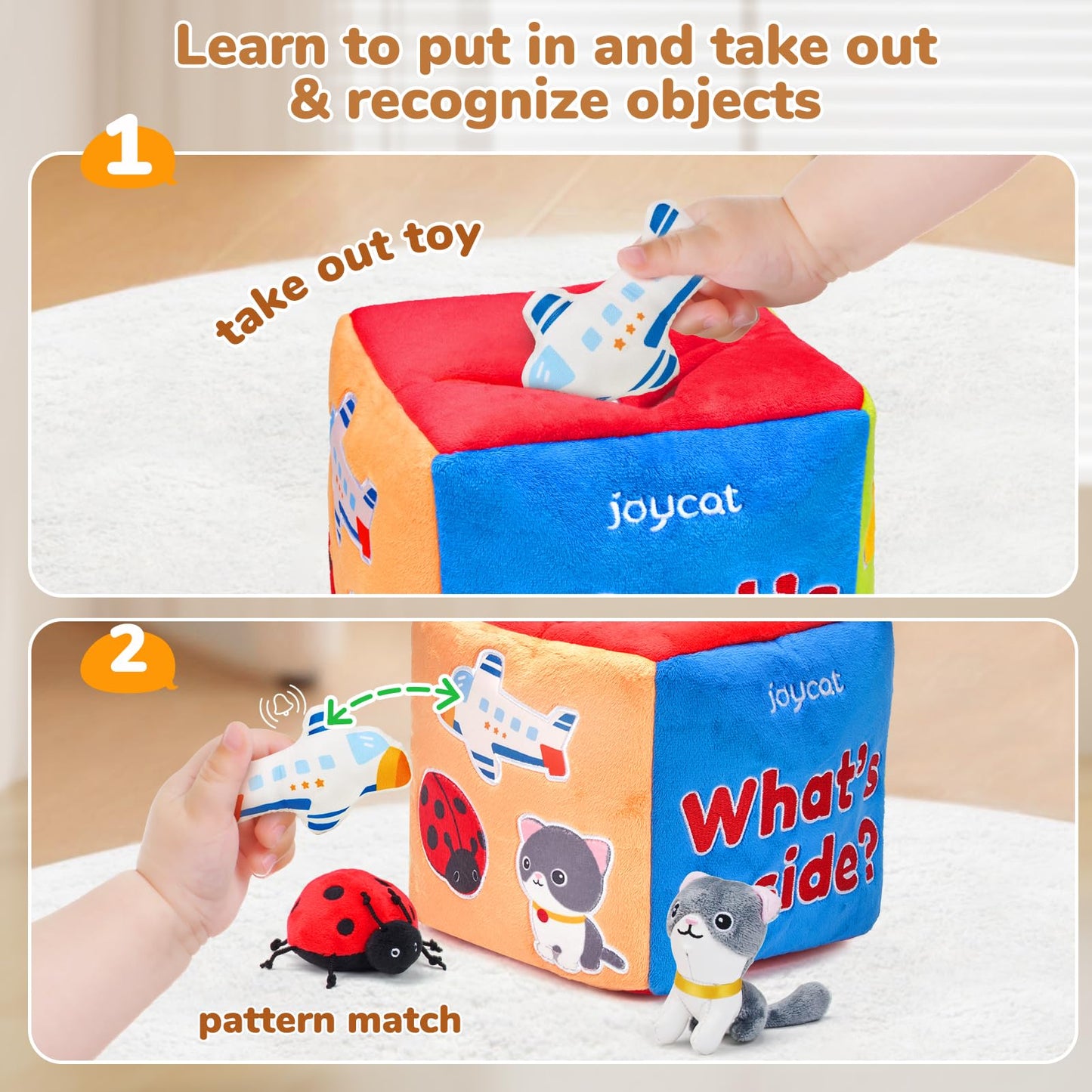 JoyCat Baby Toys 6-12 Months - Mystery Soft Box with 10 Sensory Objects, Rattle, Crinkle Paper, Mirror - What's Inside Box Infant Gifts, Soft Busy Toys 1-2 - Baby Easter Basket Stuffers Gifts