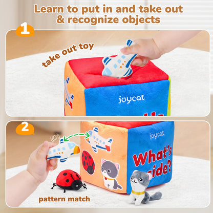 JoyCat Baby Toys 6-12 Months - Mystery Soft Box with 10 Sensory Objects, Rattle, Crinkle Paper, Mirror + Ice Cream Toys for Toddlers, Color Recognition Stacking Play Set with 7 Matching Cones & Scoops