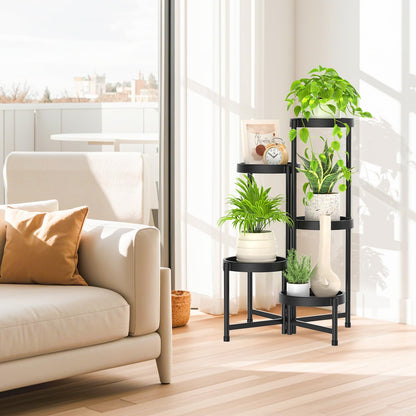 iDavosic.ly 5 Tier Folding Plant Stand Indoor Outdoor with Plastic Tray, Tiered Corner Flower Holder Shelf, Metal Orchid Display Rack for Patio Porch Living Room Garden Balcony, Modern Black
