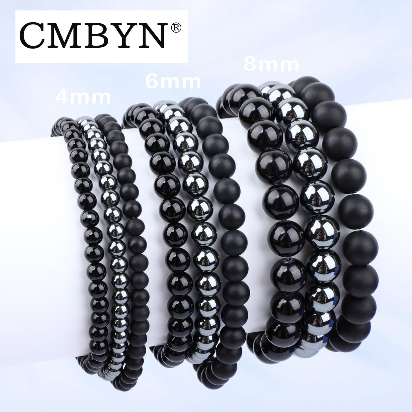 CMBYN 3-Pieces 4mm Natural Crystal Gemstone – ﻿Black Onyx, Hematite, Matte Black Agate Handmade Reiki Energy Healing Stretch Bracelets Jewelry for Yoga, Meditation, Unisex