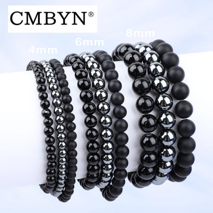 CMBYN 3-Pieces 4mm Natural Crystal Gemstone – ﻿Black Onyx, Hematite, Matte Black Agate Handmade Reiki Energy Healing Stretch Bracelets Jewelry for Yoga, Meditation, Unisex