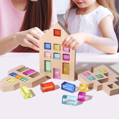 Dinhon 25 Pcs Acrylic Building Blocks with 3 Beech Wood Houses - 17 Cubes + 8 Long Blocks Rainbow Gem Set, Insert & Stack Sensory Toy for 1-5 Years Old Boys Girls, Creative Play Birthday Gift