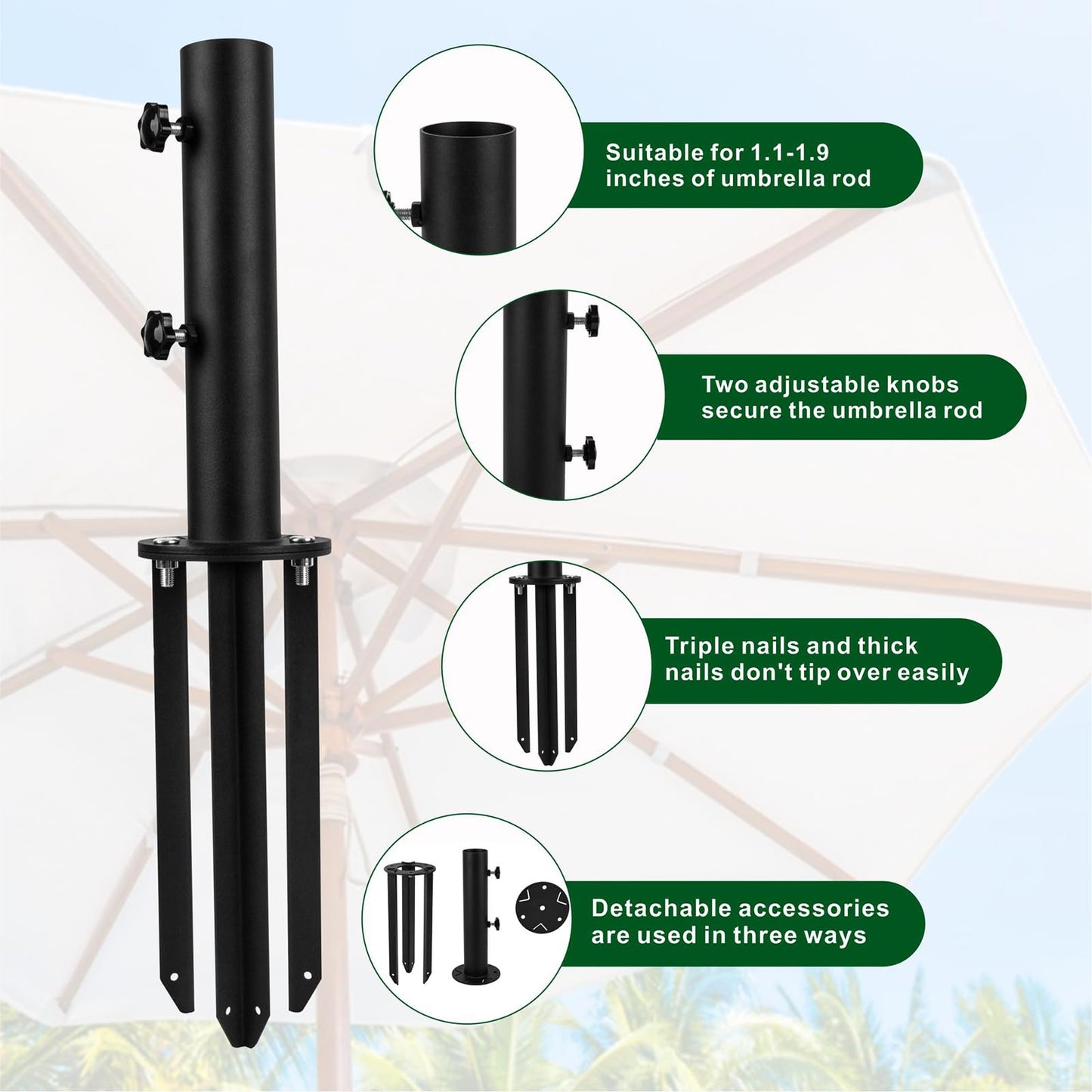 YZZHAJ Patio Umbrella Stand Base,Heavy Duty Outdoor Umbrella Holder with 3 Ground Spikes for Stability, Umbrella Holder Base for Beach, Deck, Lawn, Garden,Concrete