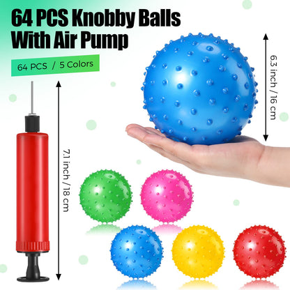 Jerify 64 Pieces 6.3 Inch Knobby Balls for Kids Sensory Balls with Air Pump Small Inflatable Bouncy Soft Spiky Toddler Bounce Party Favors Summer Beach Pool Baby Massage Stress Play Set, 5 Colors