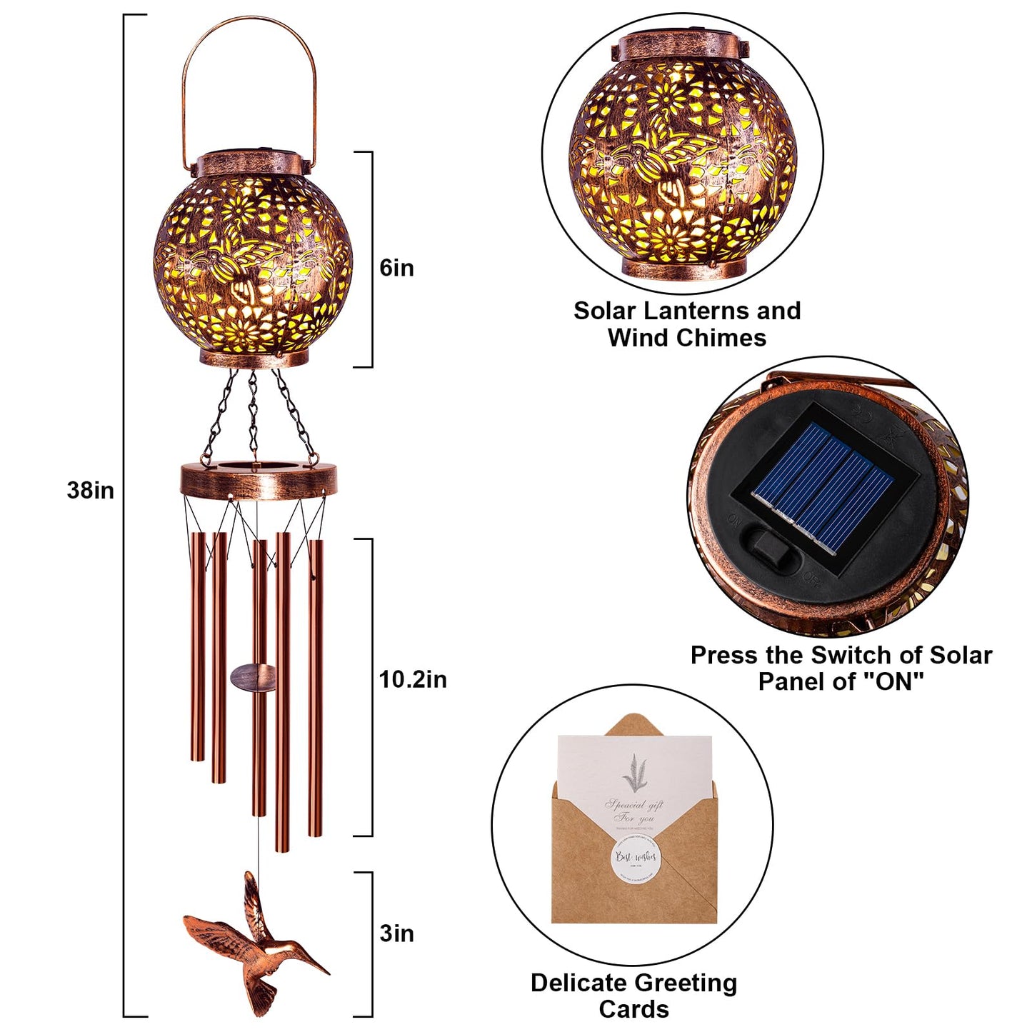 YHmall Wind Chimes for Outside, Windchimes Outdoors Hummingbird Gifts for Mom Women Grandma, Hanging Solar Lantern Solar Wind Chimes for Outside Patio Yard Garden Decor
