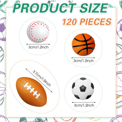 120 Pieces Sports Stress Balls Mini Foam Soccer Ball, Basketball, Football, Baseball Stress Toys for Anxiety Relief Sports Themed Birthday Party Supplies Game Stocking Stuffers