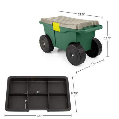 Rolling Garden Cart with Seat - Plastic Storage with Bench and Interior Tool Tray - Gardening Stool for Weeding and Planting By Pure Garden (Green)