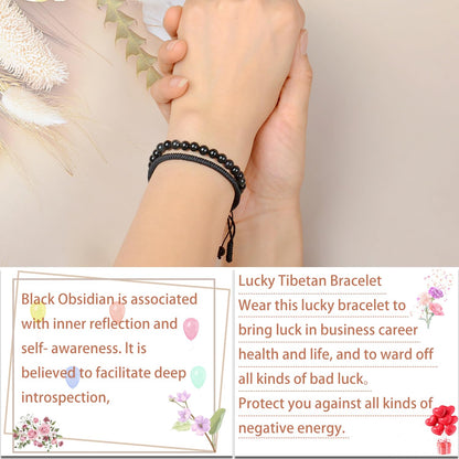 LPBeads 6mm Black Obsidian Bracelet with Handmade Rope Bracelet Size Adjustable Natural Stone Crystal Healing Bracelets Gifts for Unisex Adults