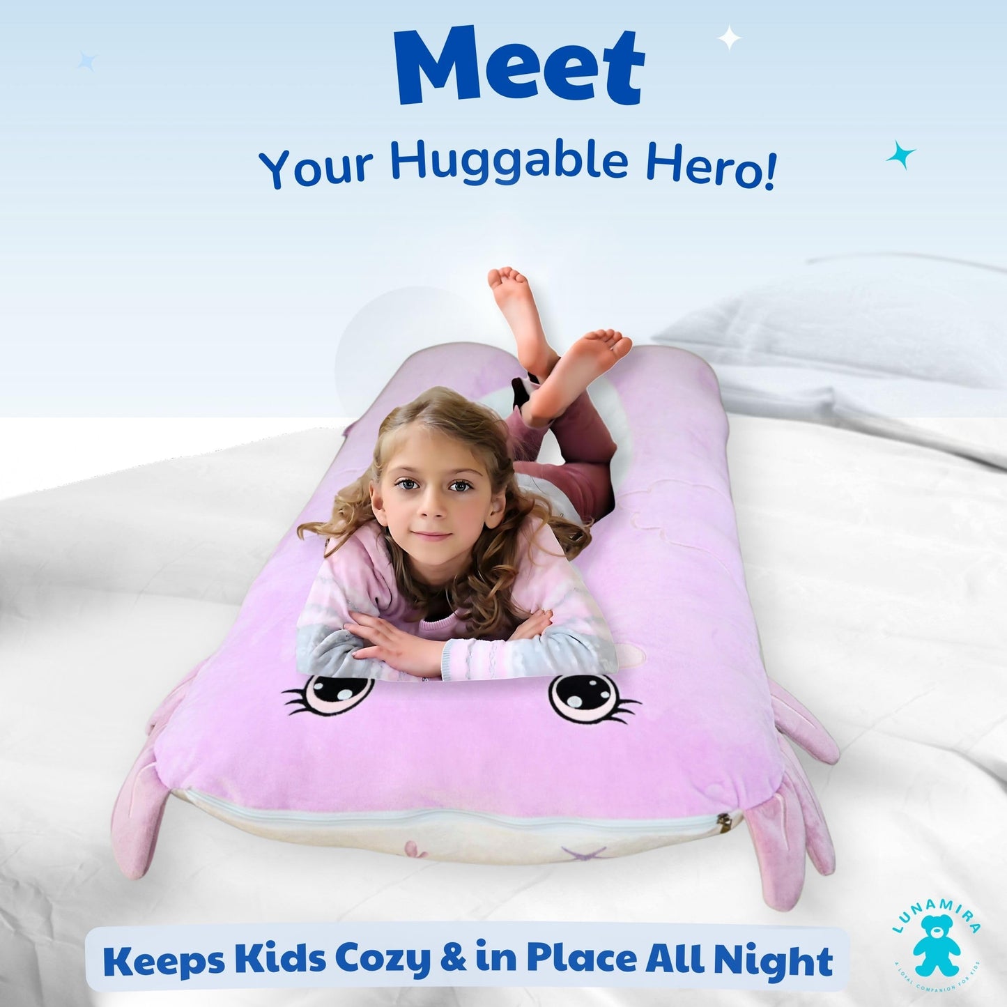 LUNAMIRA Axolotl Kids Body Pillow - 47" U-Shape Long Plush Soft Animal Pillow for Kids, Sleeping, Reading, ADHD & Special Needs Comfort, Anxiety, Washable Cover, Snuggle Fun Cuddle for Boys & Girls