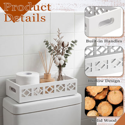 Qunclay 2 Pack White Toilet Tank Baskets Wooden Toilet Tank Top Paper Baskets with Handle Rustic Hollow Bathroom Paper Organizer Holders Farmhouse Decorative Bathroom Storage Box