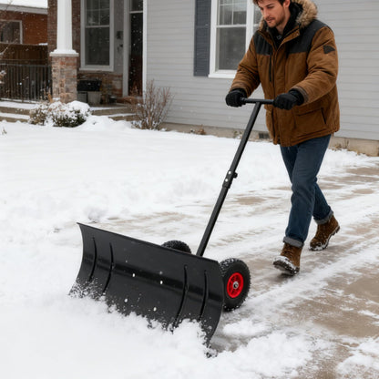 Snow Shovel with Wheels,29" Wide Metal Snow Pusher Shovel with 15" Height &10" Wheels,Adjustable Angle&Height Handle,Effortless Snow Removal,Ergonomic Design for Driveway&Sidewalk (Black Single Rod)