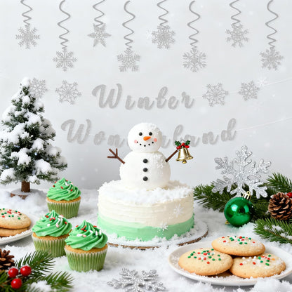 Winter Wonderland Banner,Snowflake Theme Party Decorations Include Pre-Strung Glittery Winter Wonderland Banner and 8 Pcs Snowflake Hanging Swirls,Christmas Birthday Party Supplies