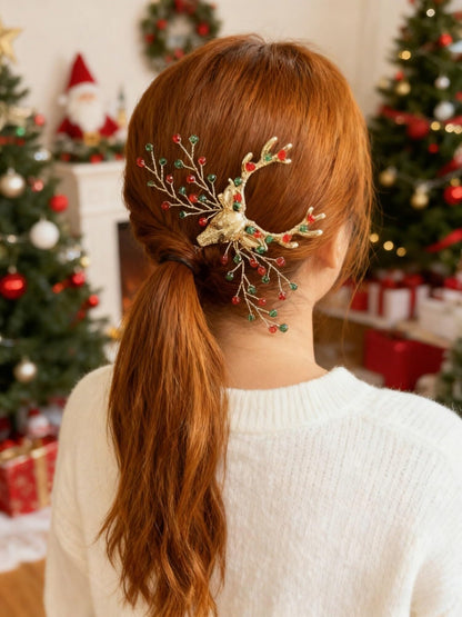 Reindeer Antler Hair Comb with Red Green Beads Gold Christmas Antler Side Comb for Women Cute Xmas Headpiece Red Bridal Accessories for Wedding Birthday Festive Party