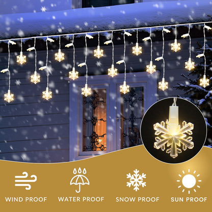 FESTIA Snowflake Curtain Icicle Christmas Lights -180 LED Warm White (≈3000K), 26.4ft Icicle Mini Lights, IP44 Waterproof,8 Modes Memory Function, Connectable Outdoor & Indoor Christmas Decorations