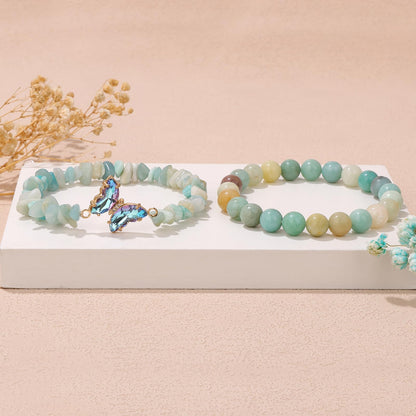 GolbalJew Amazonite Stone Bracelet for Women Healing Crystal Stone Bracelets Blue Gemstone Beads Stretch Bracelet Butterfly Charms Jewelry Women Gift