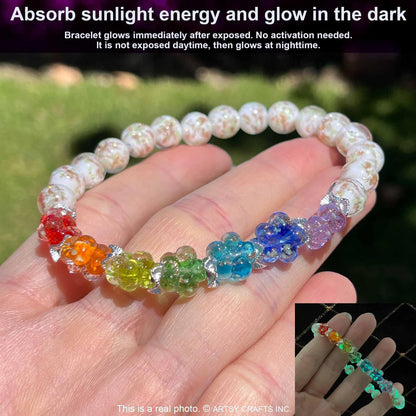 ARTSY Crafts Glow in the Dark Firefly Beads Bracelet for Women, Luminous Glass Beads Healing Crystal Glowing Beaded Bracelets, Mermaid Bracelet Stretch Bangle Wristband (Chakra White)