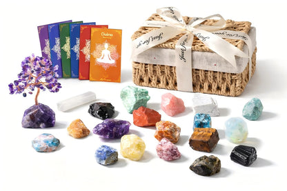 MYDAYS&DESIGN 18Pcs Crystals and Healing Stones Set in Rattan Box, 17 Raw Chakra Stones, 1 Amethyst Tree, Guide for Beginners, Meditation Yoga Home Decor, Healing Crystal Gifts for Women Mom Girl