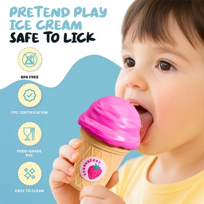 JOYCAT Ice Cream Toys, Color Recognition Stacking Play Set with 7 Matching Cones & Scoops, Pretend Play Food for Kids +Soft Baby Beehive with 5 Sensory Bees