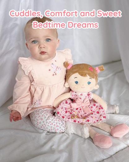 LeyaDoll Soft Baby Doll Toys (16''), My First Baby Rag Doll for 1 Year-Old Girl Birthday Gift, Christmas Plush Toys Gift for Toddler Kids Infants-Strawberry-Girl