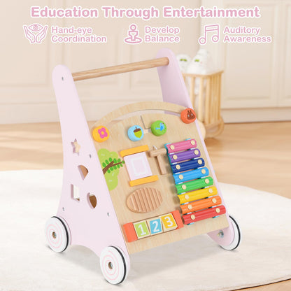 INFANS Wooden Baby Walker, Montessori Walker with Multiple Activity Toys, Storage, Push Walker Toys for Infant Learning to Walk, Sit to Stand Walker for Boys Girls