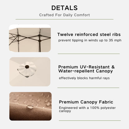 Kingdura 15ft Large Patio Umbrella with Base Included, Double-Sided Rectangle Outdoor Table Umbrella with 12 Reinforced Ribs, Crank Lift for Market Pool Deck Backyard, Beige