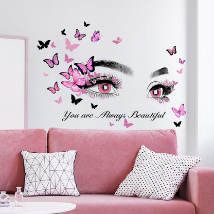 Beautiful Eyelash Eyes Wall Stickers Flying Butterfly Wall Decals You are Always Beautiful Quotes Wall-Decor Vinyl Art Butterflies Decor Stickers for Women Girls Bedroom Living Room Decor