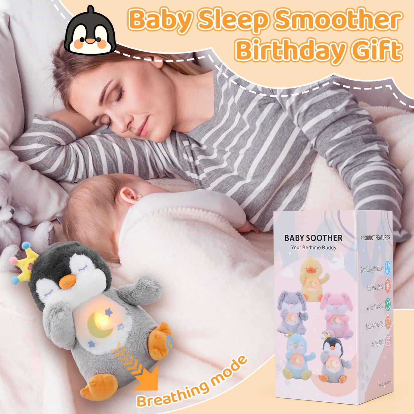Emoin Breathing Stuffed Penguin Plush, Animal Breathing Penguin Plush Toy with Lights and Music Penguin Gifts Stuff for Adults and Kids