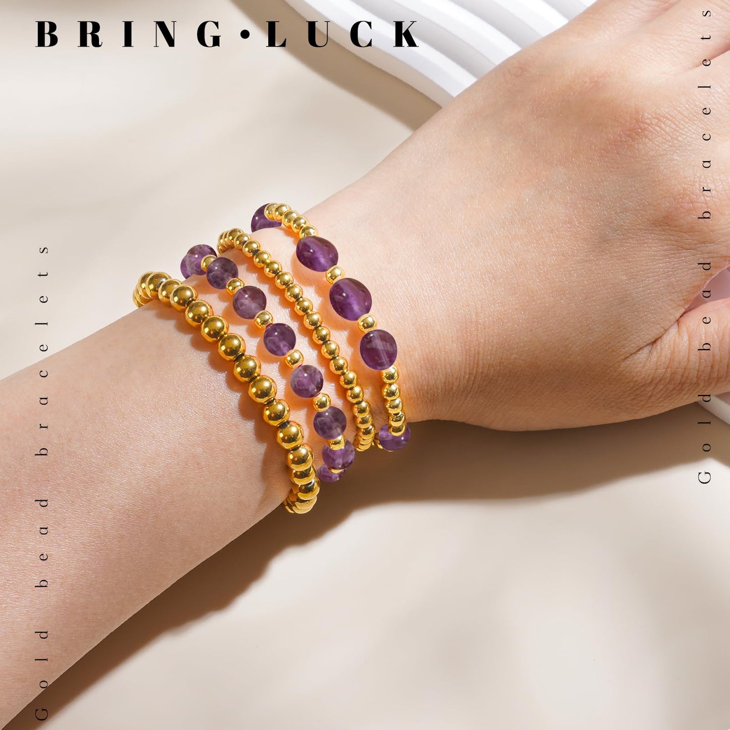 MORIANCE Amethyst Bracelet for Women Amethyst Crystal Bracelet Amethyst Jewelry Gold Bracelets for Women Stack Gold Bead Bracelets Purple Beaded Crystal Gemstone Bracelet for Women