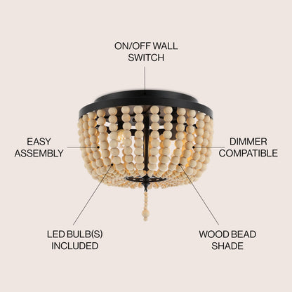 JONATHAN Y 10" Black/Cream Allison 2-Light LED Flush Mount Ceiling Light for Bedroom, Wood Beaded Shade Shabby Chic Farmhouse Rustic Decor, LED Bulbs Included (JYL9074B)