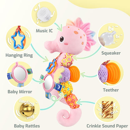 Sumobaby Infant Baby Musical Stuffed Animal Activity Soft Toys with Multi-Sensory Crinkle, Rattle and Textures, for Tummy Time Newborn 0-3-6-12 Months Girls,Seahorses - Pink with Baby Mirror