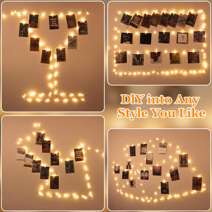Lakumu Rechargeable Photo Clips String Lights with 8 Modes, 50 Clips 20 Hooks, 17ft 50 LED Fairy Lights with Timer for Wall, Girls Room Decor, Bedroom, Christmas, Party, Wedding