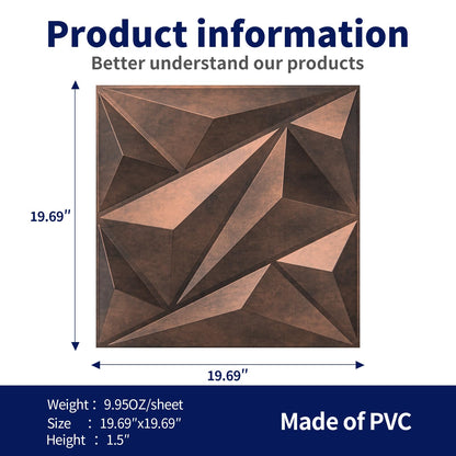 Art3dwallpanels PVC 3D Wall Panel Diamond for Interior Wall Décor, Wall Decor PVC Panel, 3D Textured Wall Panels, Pack of 12 Tiles, Antique Copper