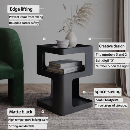 BUZUEY Modern Metal Side Table with Storage,Small End Table for Sofa & Couch,3-Tier Compact Nightstand for Small Spaces,Black Bedside Tables for Living Room & Bedroom,No Assembly Required
