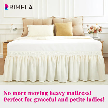 RIMELA Cream Bed Skirt Queen Size 15 Inch Drop, Elastic Bed Skirting for Bed Base and Frame, Bedding Dust Ruffle Easy to Install, Lightweight Wrap Around Adjustable Bedskirt